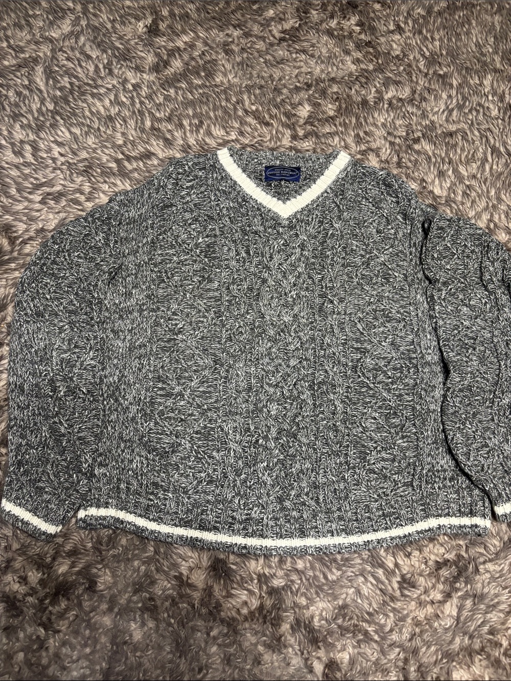 Cotton Republic 100% Cotton Cable Knit V-Neck Sweater Mens Large White Trim